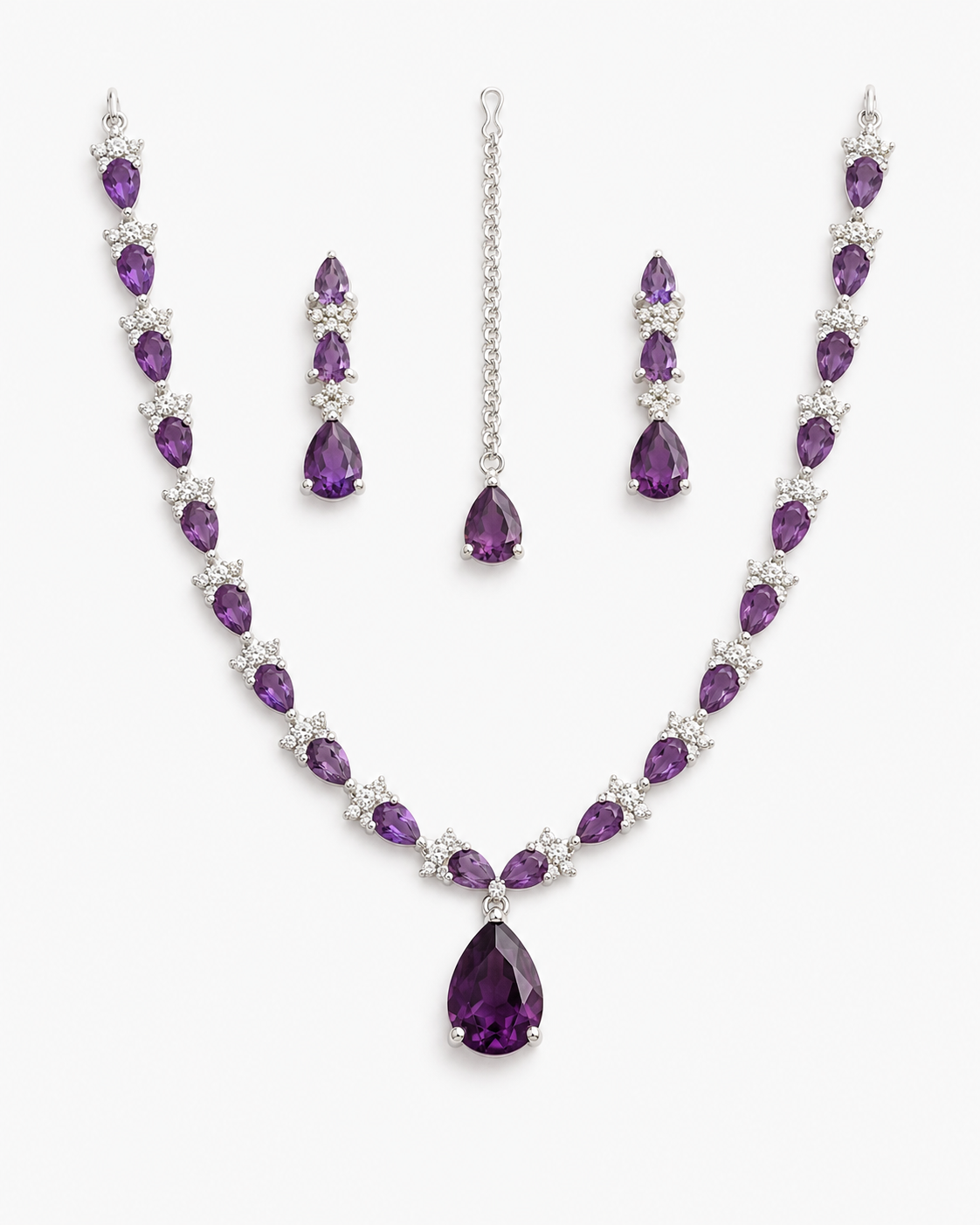 Royal purple stone necklace earrings and bindiya set