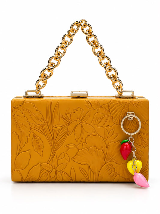 Embossed Floral Box Clutch with Chain Strap & Charm Tassel