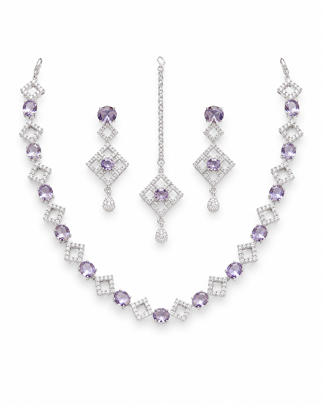 Lavender purple stone necklace earrings and bindiya set