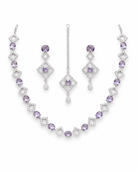 Lavender Purple Stone Necklace, Earrings & Bindiya Set