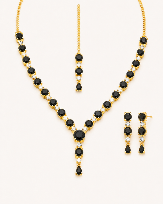 Black Onyx Gold Necklace, Earrings & Bindiya Set