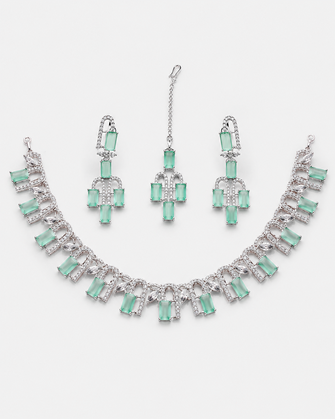 Mint green stone necklace earrings and bindiya set