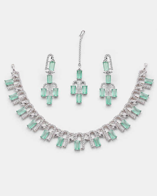 Mint Green Stone Necklace, Earrings & Bindiya Set
