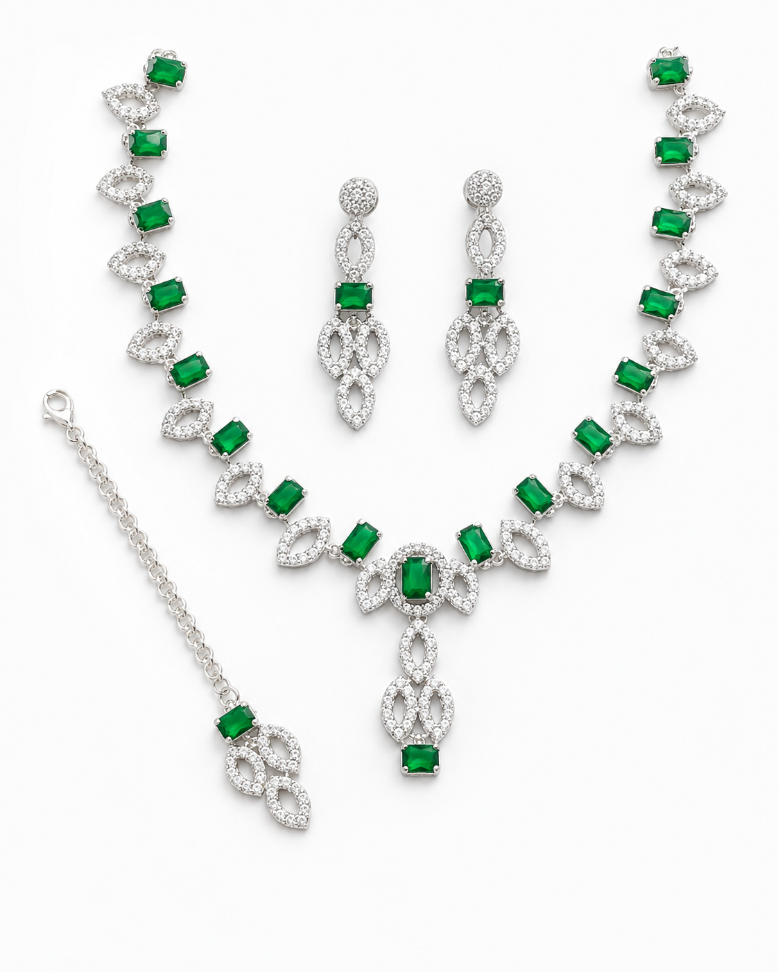 Emerald green stone necklace earrings and bindiya set