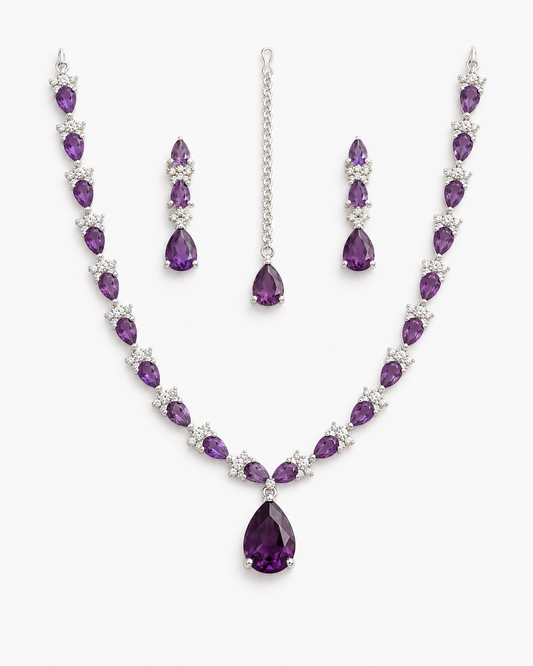 Royal Purple Stone Necklace, Earrings & Bindiya Set