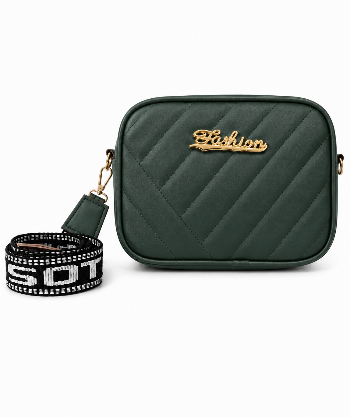 Emerald green quilted crossbody bag with gold detailing