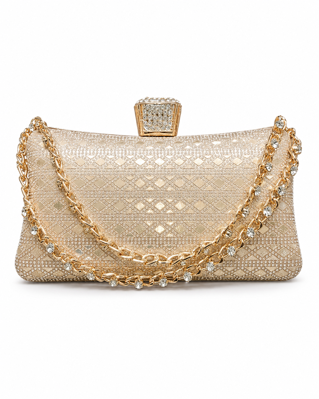 Elegant gold evening clutch with rhinestone detailing
