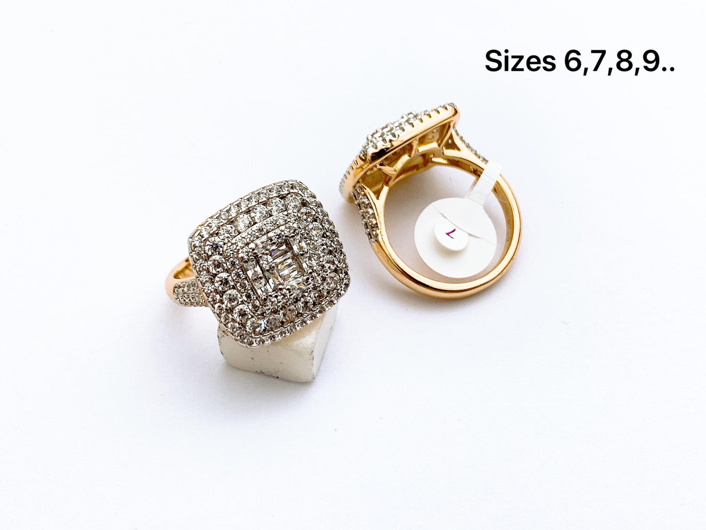 Fine stone square halo ring with gold tone band