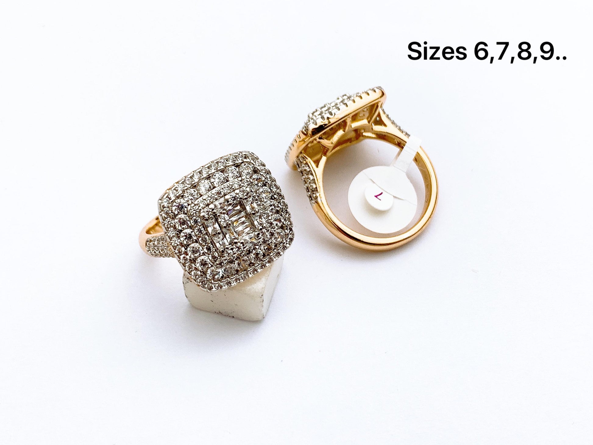 Fine stone square halo ring with gold tone band