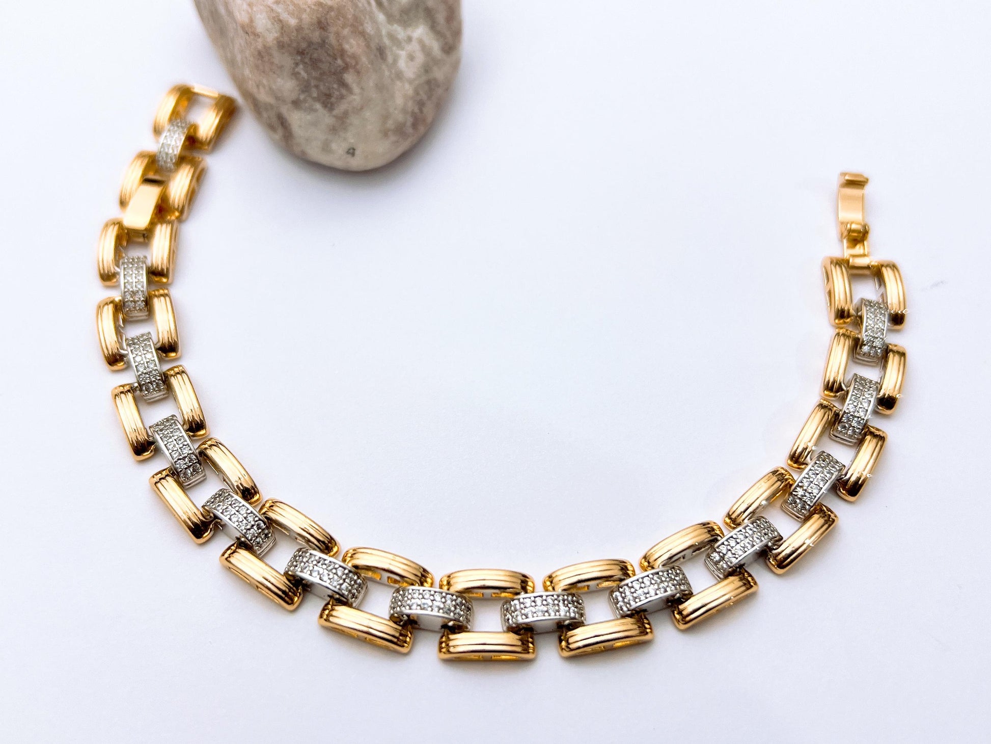 Two tone crystal link bracelet in gold and silver