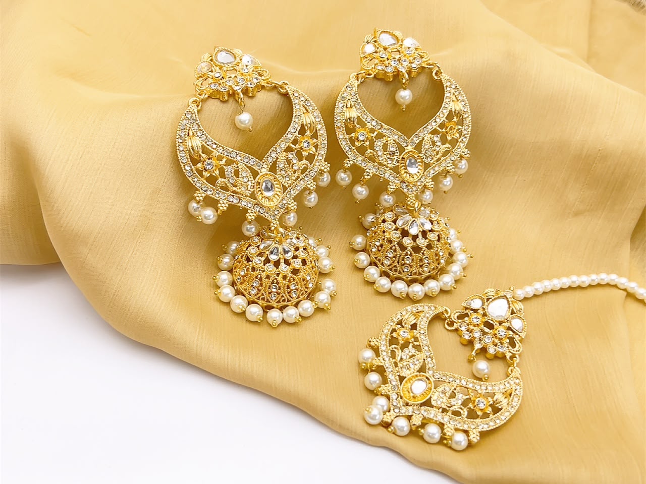 Royal pearl chandbali earrings and tikka set in gold tone