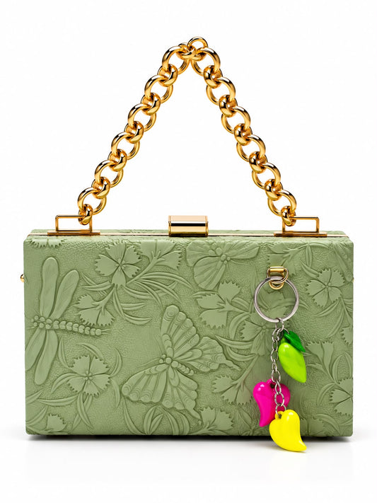 Embossed Floral Box Clutch with Chain Strap & Charm Tassel
